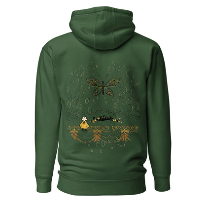 Back view of the green Nine Sols Butterfly Hoodie Golden Echo Presence featuring a golden butterfly above an ornate shrine scene