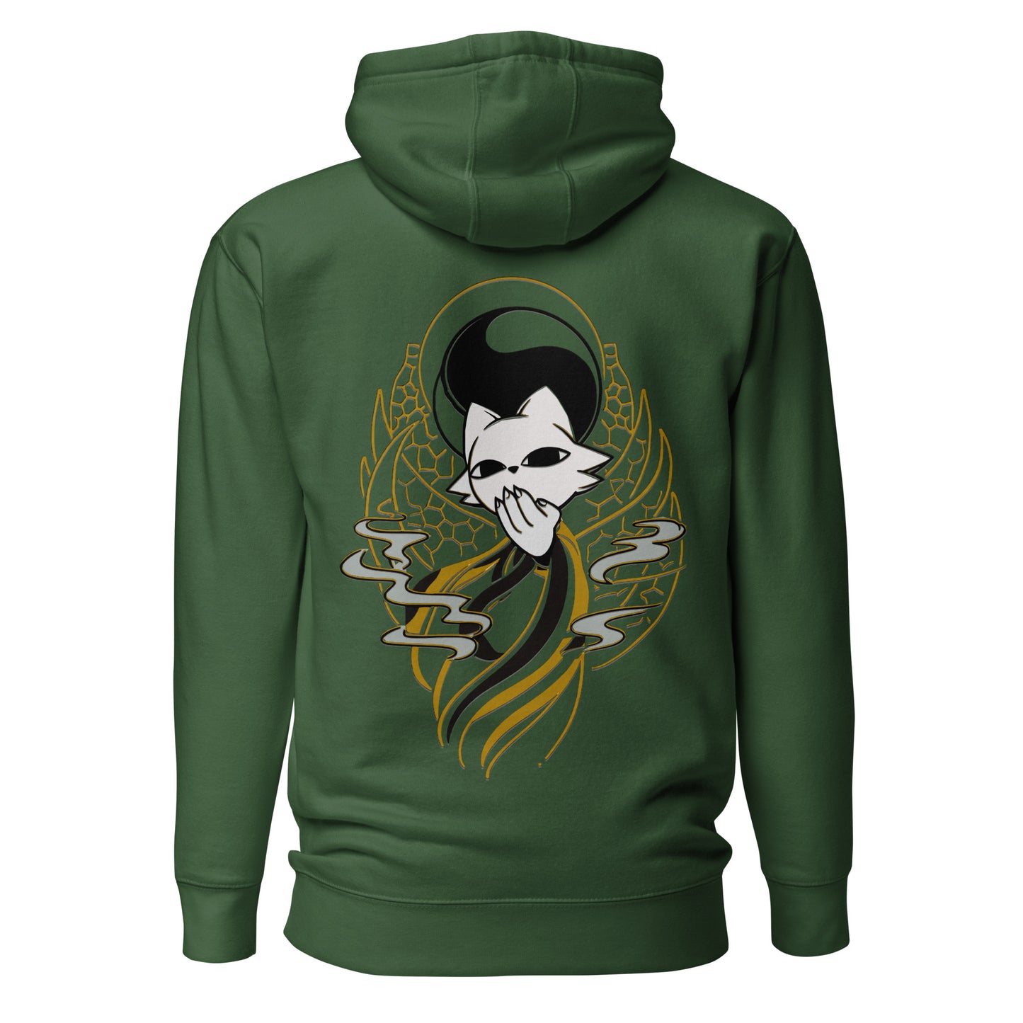 Back view of the green Nine Sols Balance Hoodie Yin Yang Presence featuring a yin yang skull graphic with golden line details