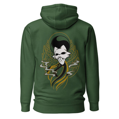 Back view of the green Nine Sols Balance Hoodie Yin Yang Presence featuring a yin yang skull graphic with golden line details