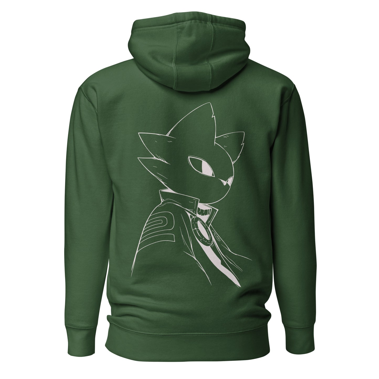 Back view of the Forest Green Nine Sols Silent Resolve Taopunk Portrait hoodie featuring a minimalist taopunk portrait in white line art