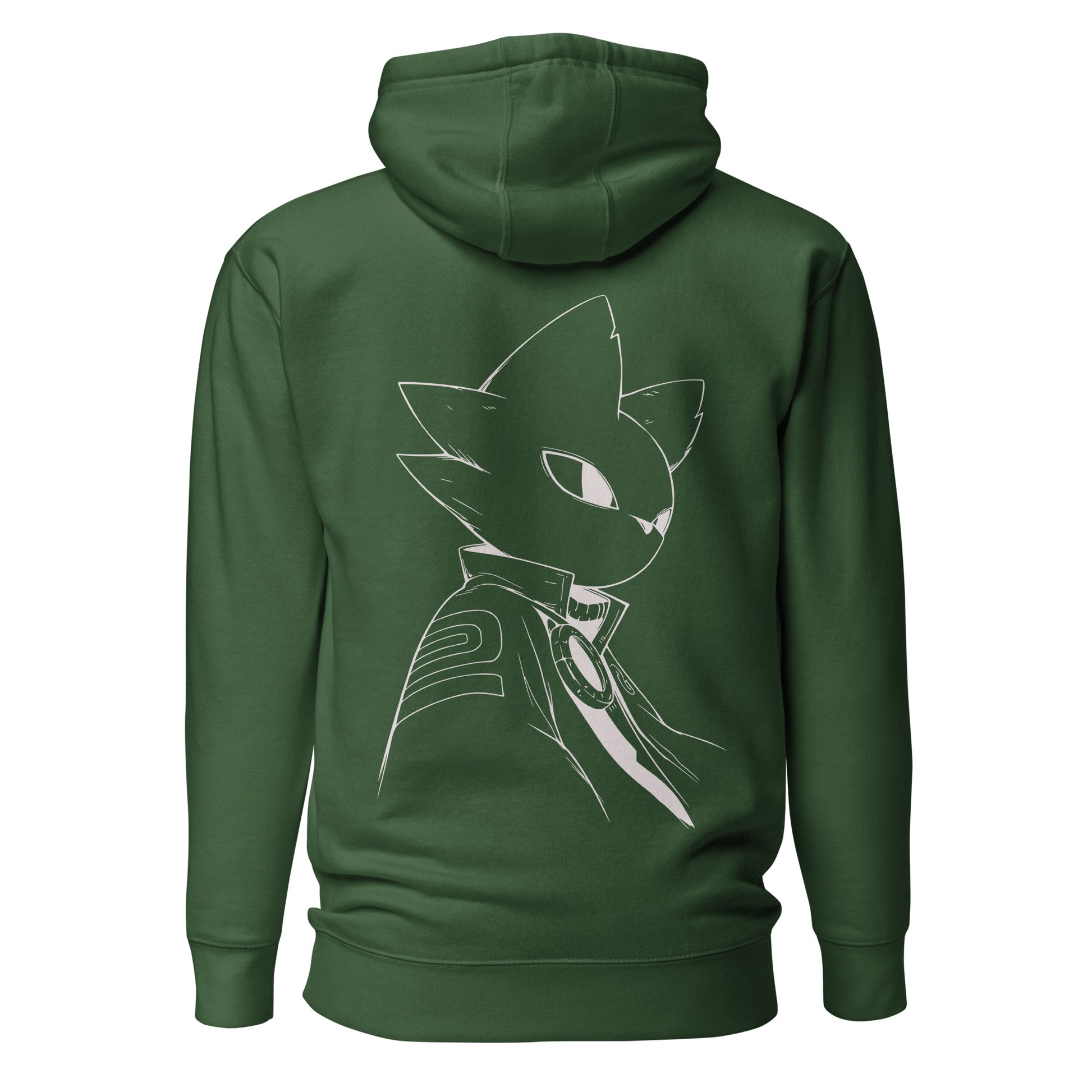 Back view of the Forest Green Nine Sols Silent Resolve Taopunk Portrait hoodie featuring a minimalist taopunk portrait in white line art