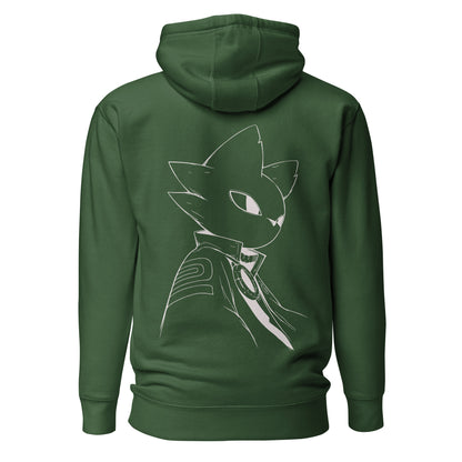 Back view of the Forest Green Nine Sols Silent Resolve Taopunk Portrait hoodie featuring a minimalist taopunk portrait in white line art
