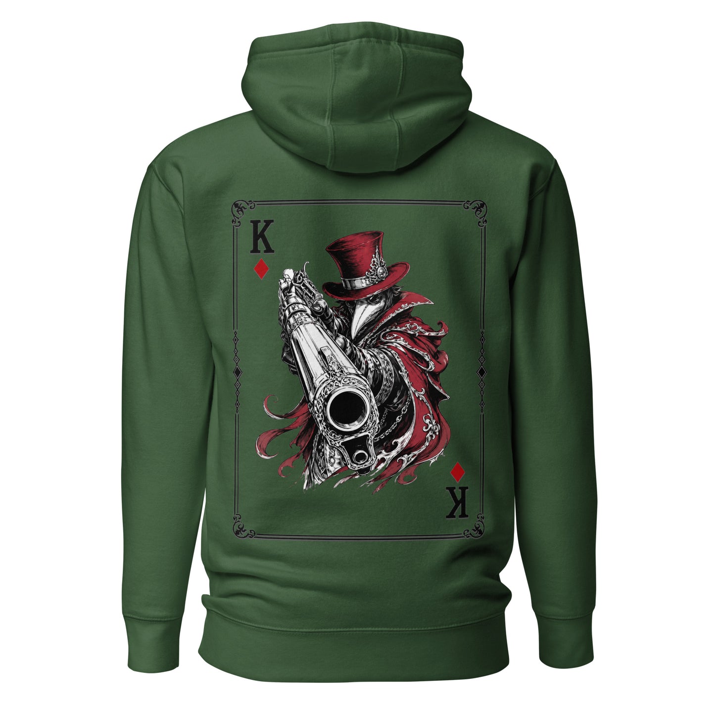 Back view of the Forest Green Crowsworn King of Diamonds hoodie with crimson gambit card back graphic