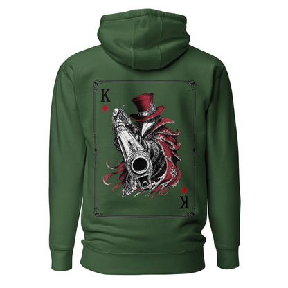 Back view of the Forest Green Crowsworn King of Diamonds hoodie with crimson gambit card back graphic