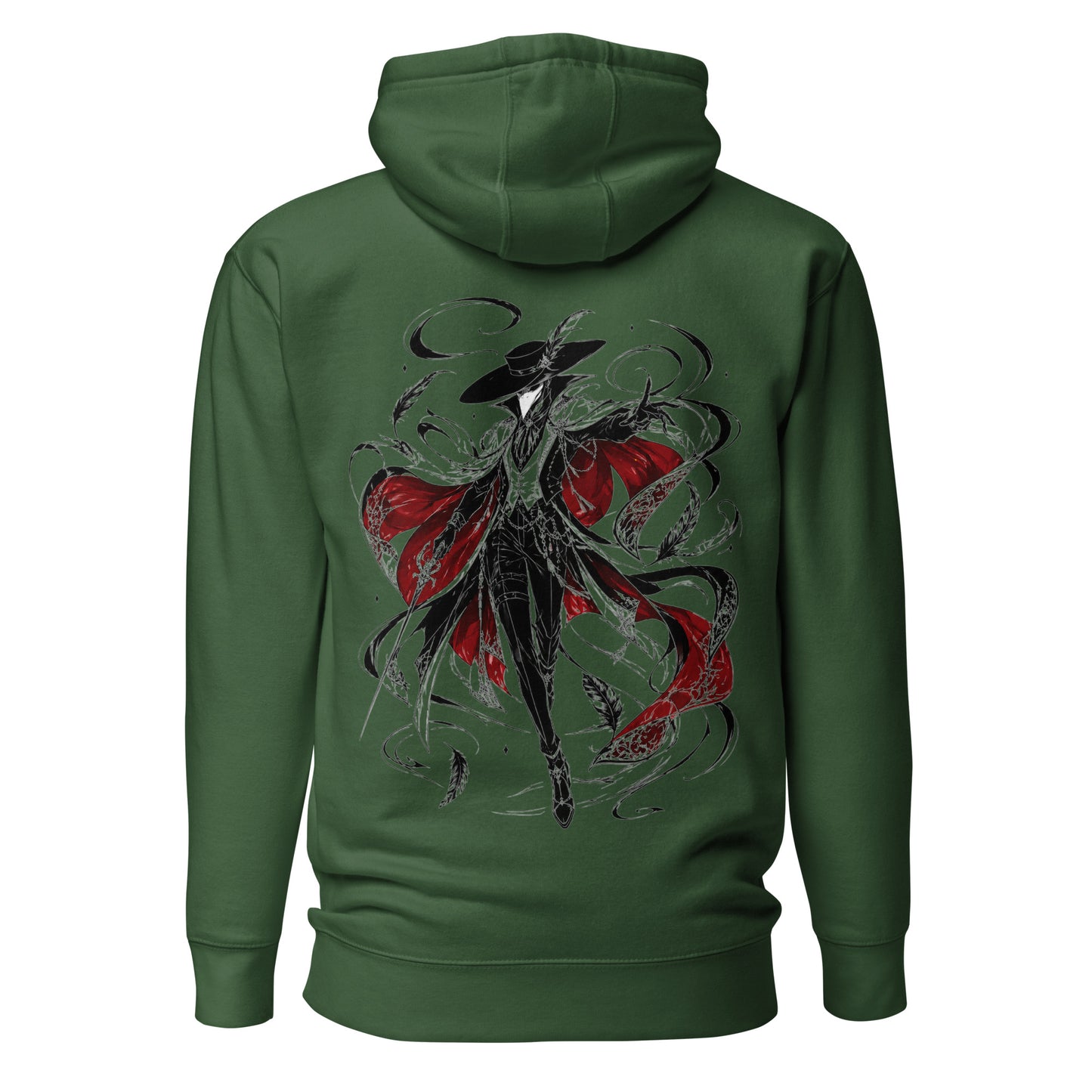 Back view of the Forest Green Crowsworn Crimson Wraith hoodie with gothic dark fantasy back graphic