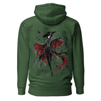 Back view of the Forest Green Crowsworn Crimson Wraith hoodie with gothic dark fantasy back graphic