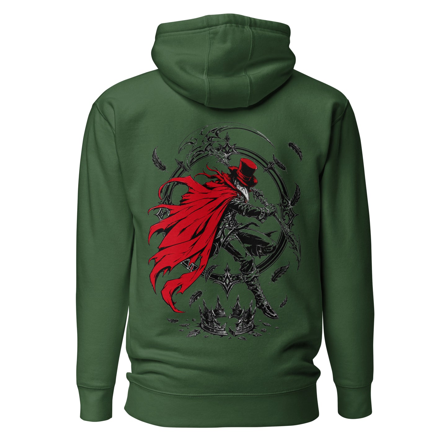 Back view of the Green Crowsworn Crimson Scythe hoodie with dark fantasy graphic artwork