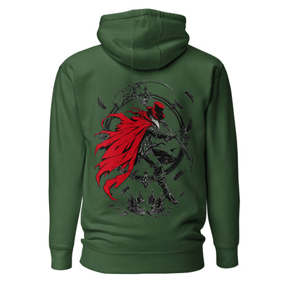 Back view of the Green Crowsworn Crimson Scythe hoodie with dark fantasy graphic artwork