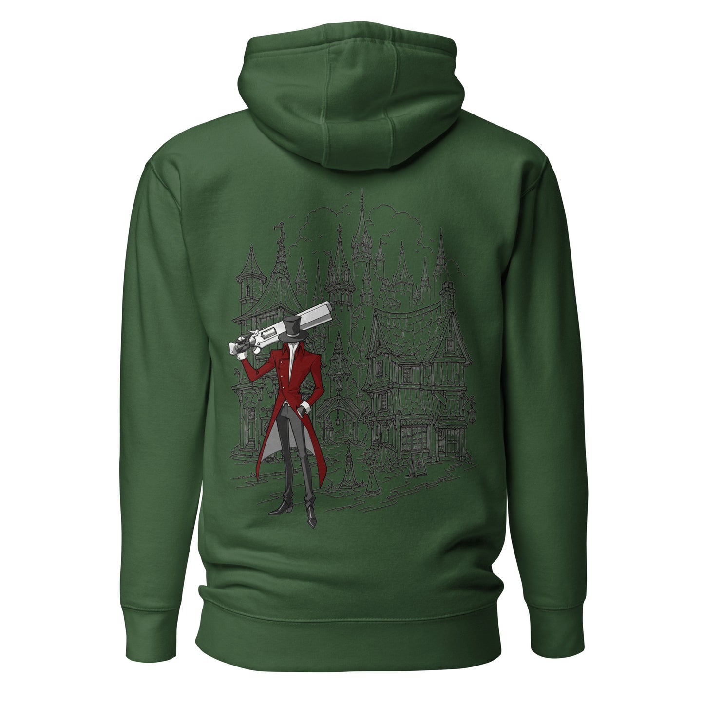 Back view of the  Forest Green Crowsworn Gothic Hunter hoodie with ruined kingdom graphic