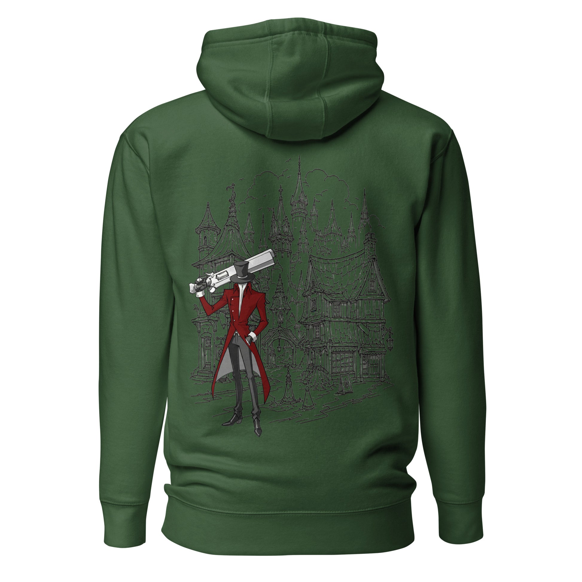 Back view of the  Forest Green Crowsworn Gothic Hunter hoodie with ruined kingdom graphic