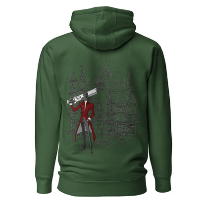 Back view of the  Forest Green Crowsworn Gothic Hunter hoodie with ruined kingdom graphic