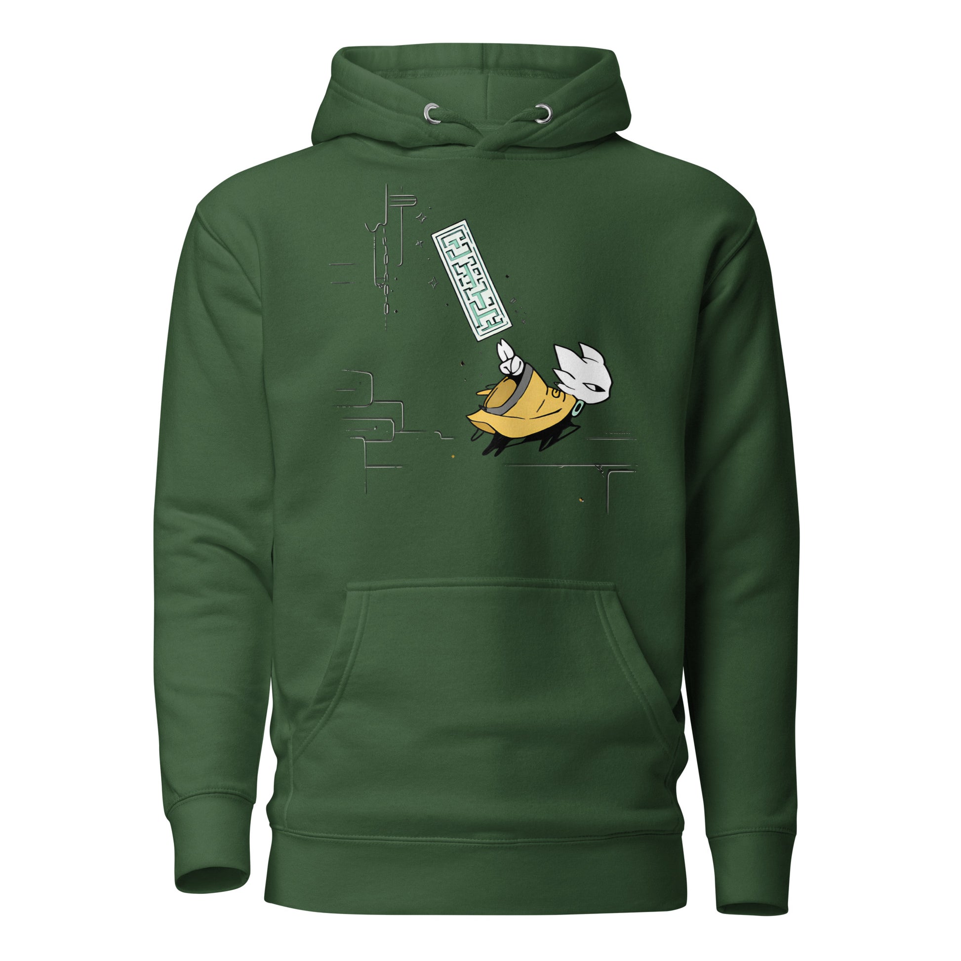 Front view of the green Nine Sols Motion Hoodie Seal Momentum featuring a minimalist seal graphic with vertical motion detail