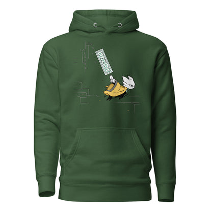 Front view of the green Nine Sols Motion Hoodie Seal Momentum featuring a minimalist seal graphic with vertical motion detail