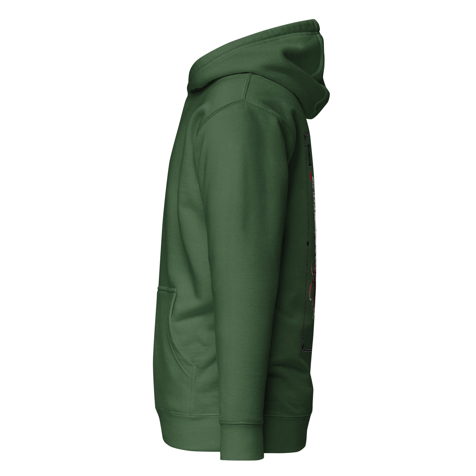 Left side view of the Forest Green Crowsworn King of Diamonds hoodie with relaxed streetwear fit