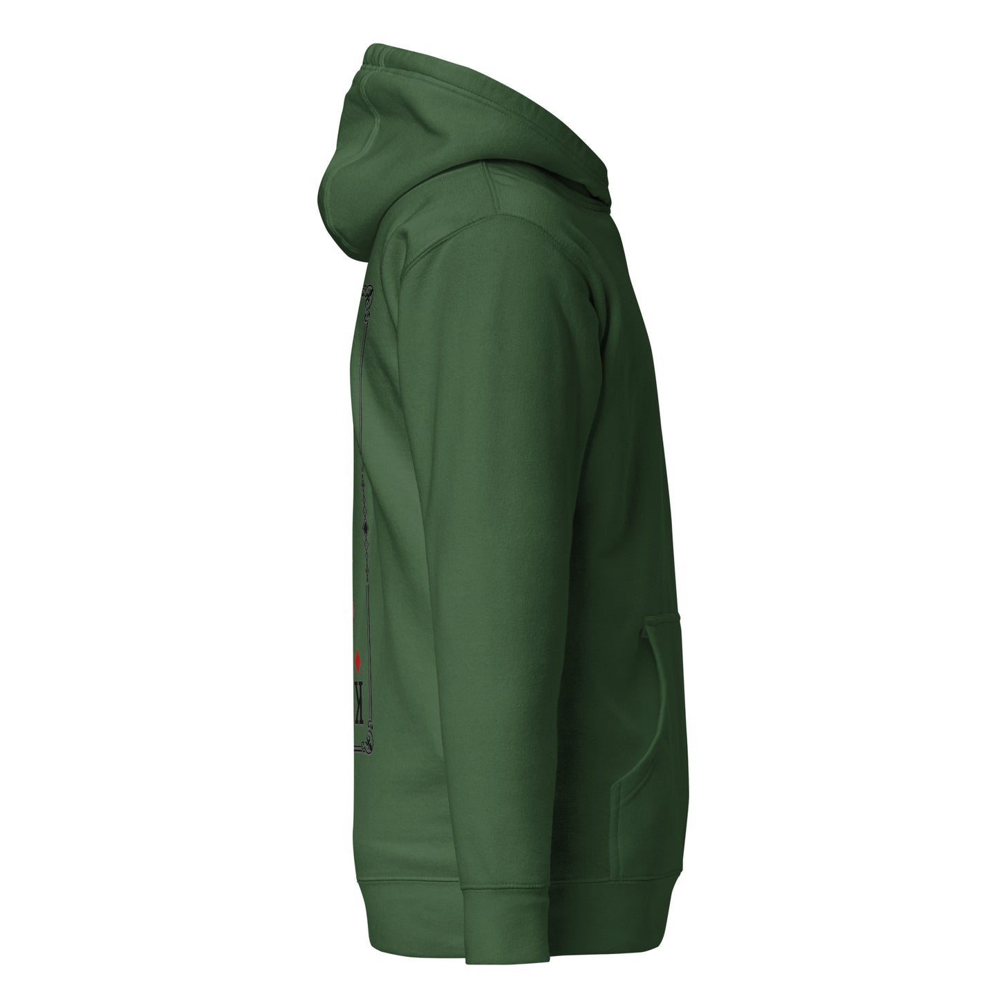 Right side view of the Forest Green Crowsworn King of Diamonds hoodie with casual unisex silhouette