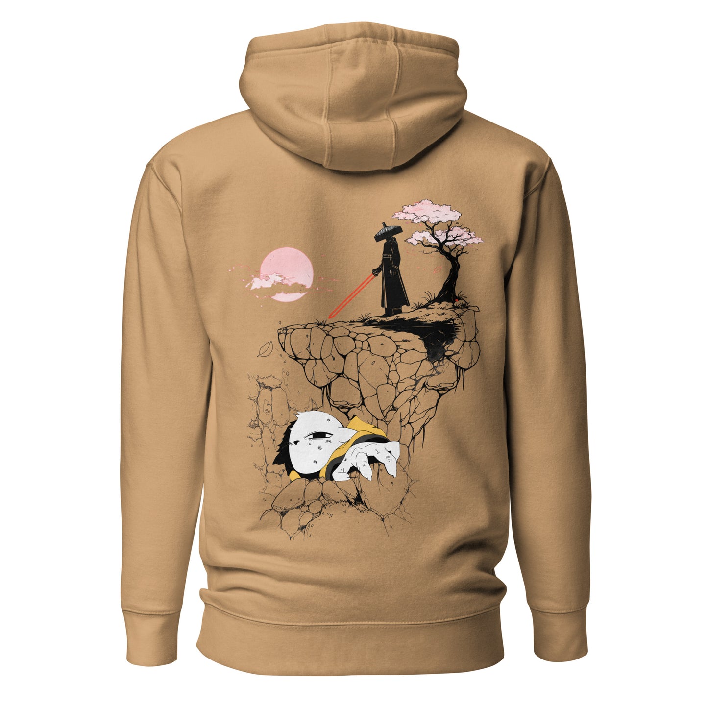 Back view of the Khaki Nine Sols Cliff Duel Hoodie Fallen Guardian Duel featuring a cliffside duel scene with guardian figure