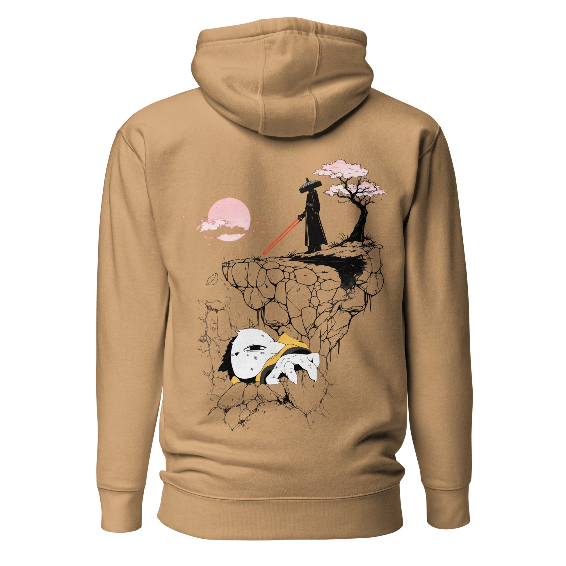 Back view of the Khaki Nine Sols Cliff Duel Hoodie Fallen Guardian Duel featuring a cliffside duel scene with guardian figure