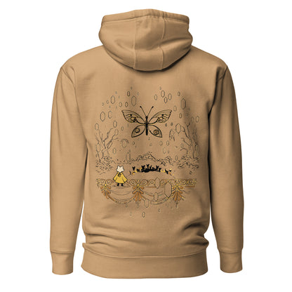 Back view of the Khaki Nine Sols Butterfly Hoodie Golden Echo Presence featuring a golden butterfly above an ornate shrine scene