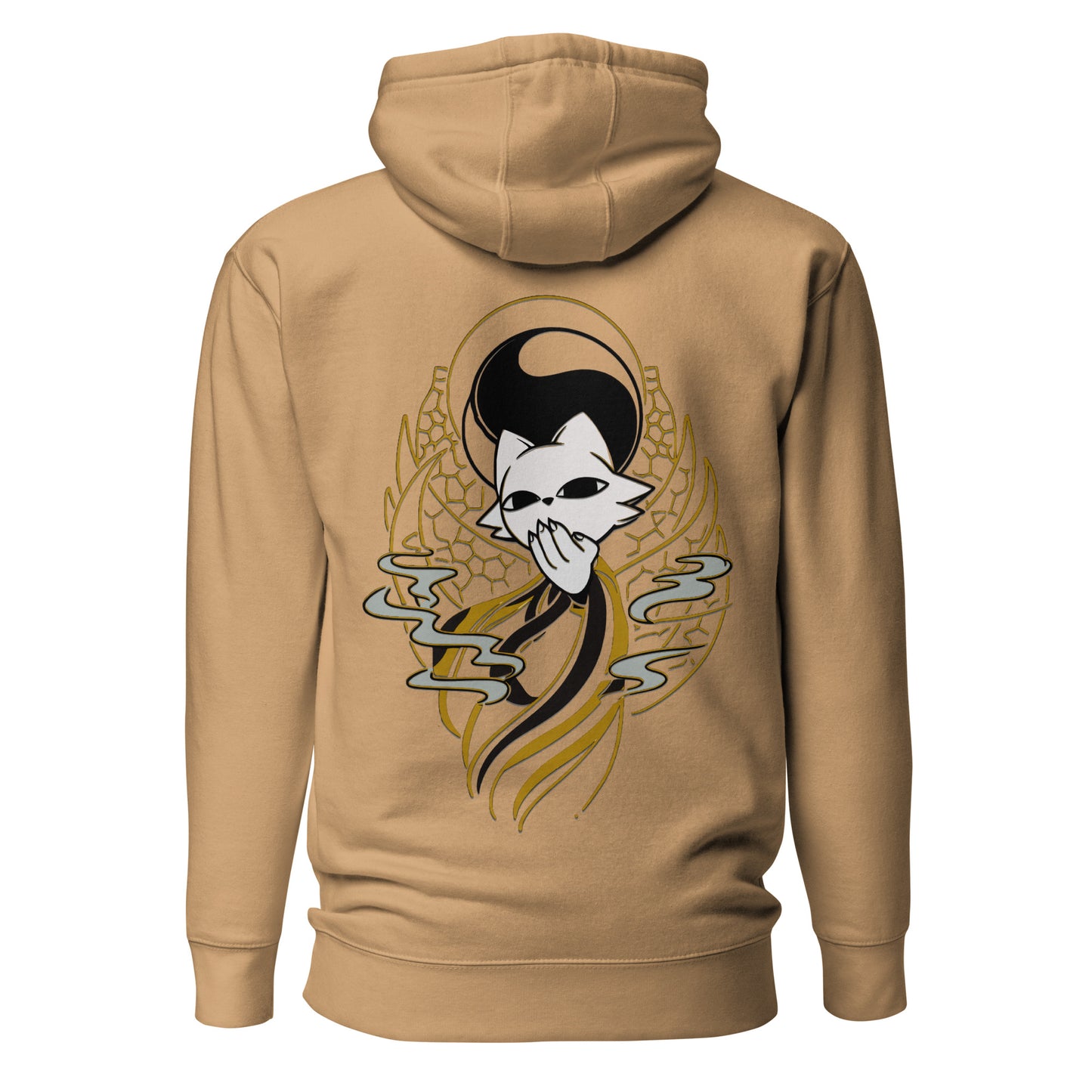 Back view of the Khaki Nine Sols Balance Hoodie Yin Yang Presence featuring a yin yang skull graphic with golden line details