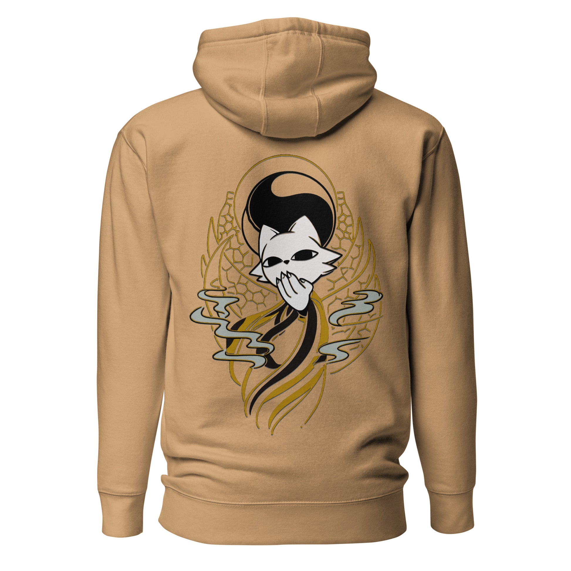 Back view of the Khaki Nine Sols Balance Hoodie Yin Yang Presence featuring a yin yang skull graphic with golden line details