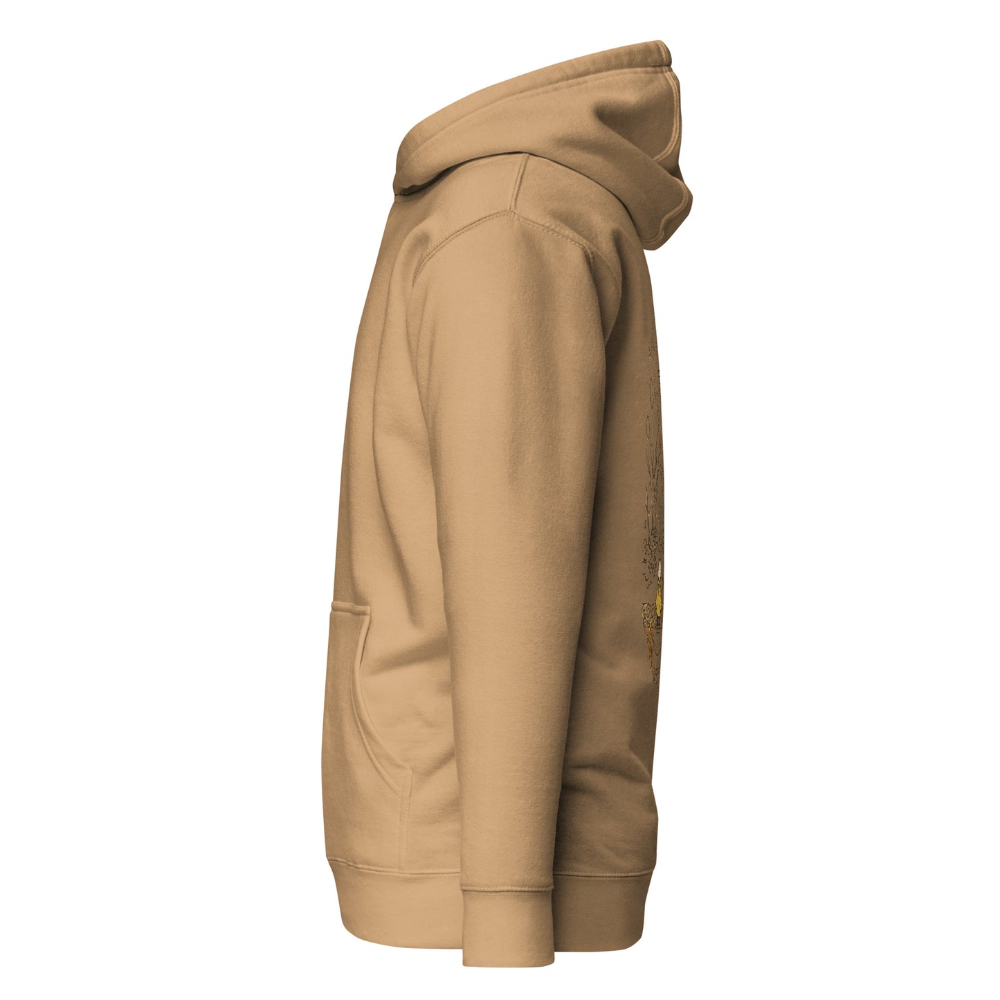 Left side view of the Khaki Nine Sols Butterfly Hoodie Golden Echo Presence with partial back design visible along the side