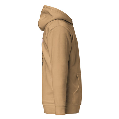 Right side view of the Khaki Nine Sols Cliff Duel Hoodie Fallen Guardian Duel showing sleeve structure and relaxed fit