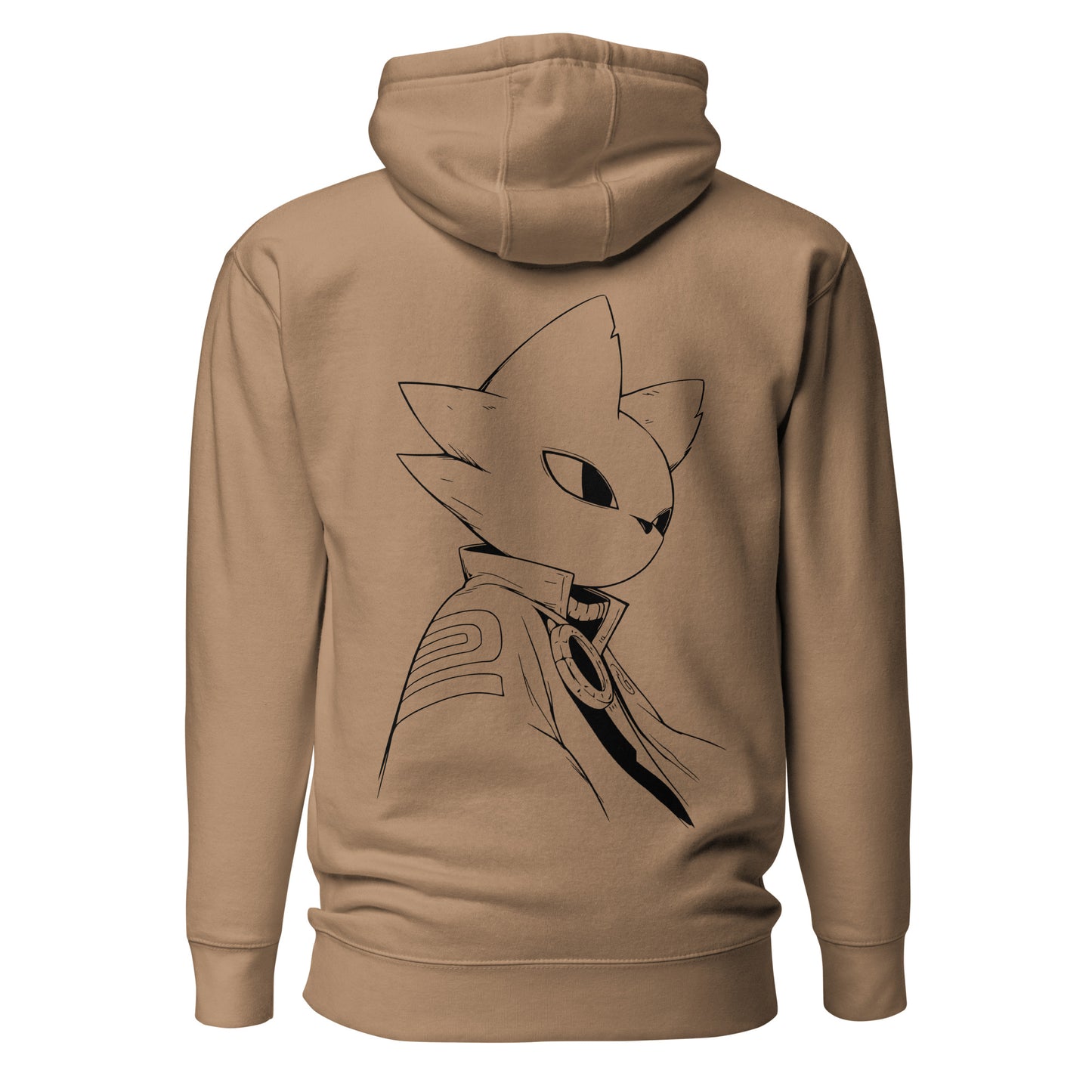 Back view of the Latte Nine Sols Silent Resolve Taopunk Portrait hoodie featuring a minimalist taopunk portrait in white line art
