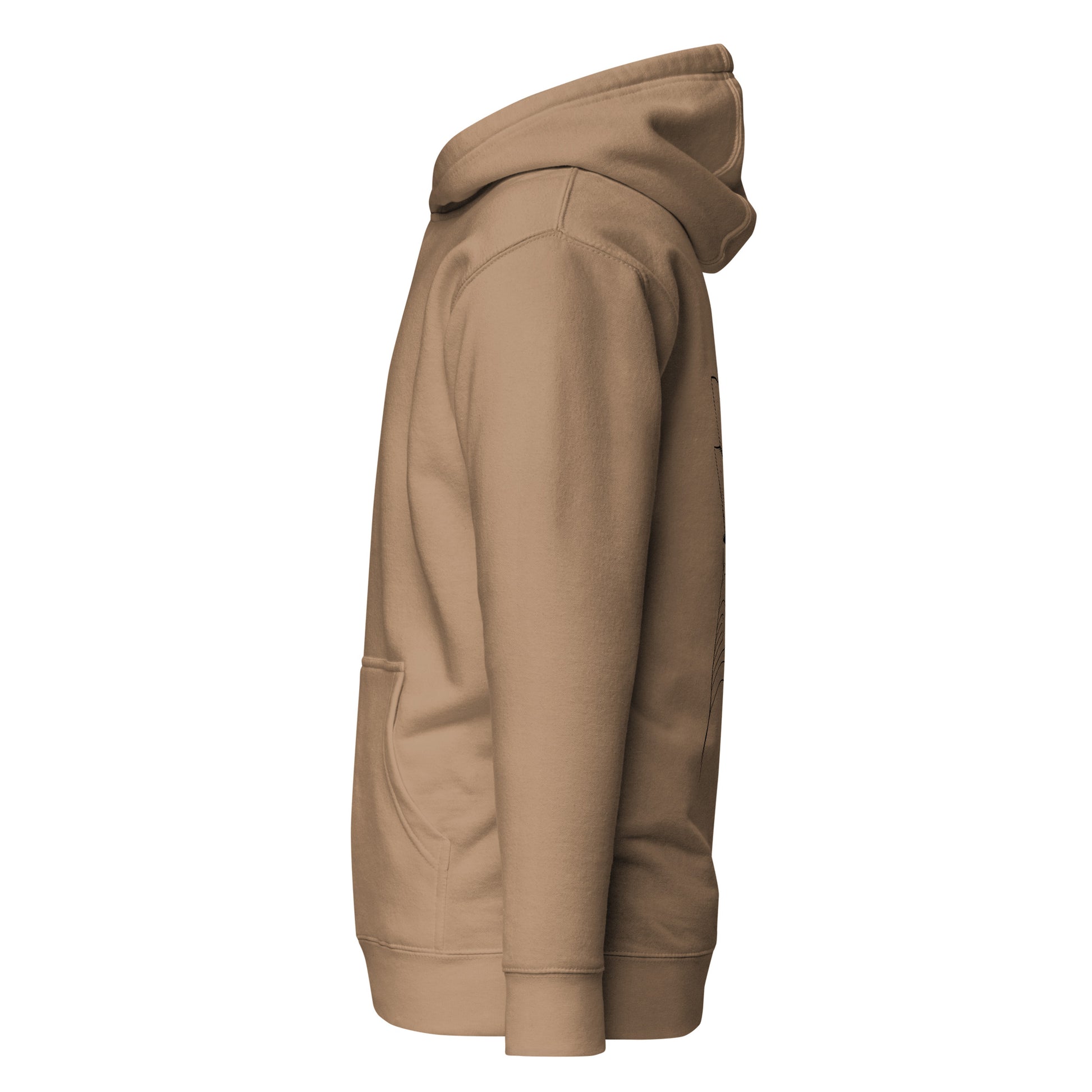Left side view of the Latte Nine Sols Silent Resolve Taopunk Portrait hoodie highlighting side profile and overall silhouette