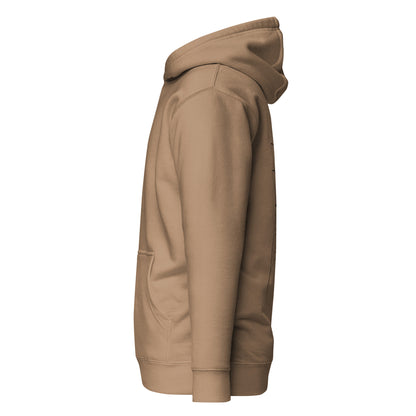 Left side view of the Latte Nine Sols Silent Resolve Taopunk Portrait hoodie highlighting side profile and overall silhouette