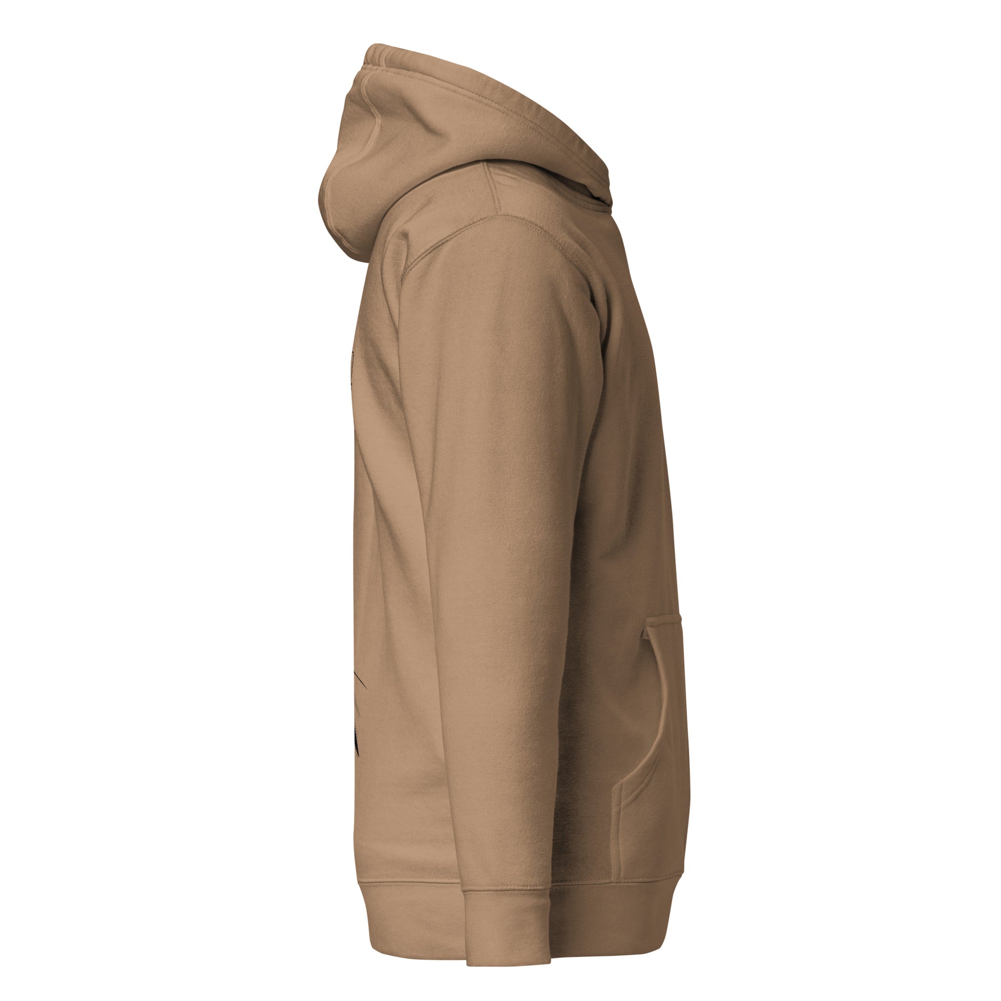 Right side view of the Latte Nine Sols Silent Resolve Taopunk Portrait hoodie showing sleeve structure and relaxed fit