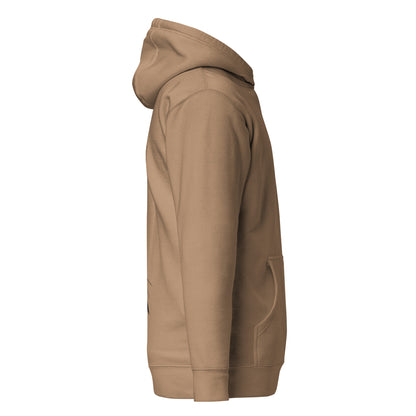 Right side view of the Latte Nine Sols Silent Resolve Taopunk Portrait hoodie showing sleeve structure and relaxed fit