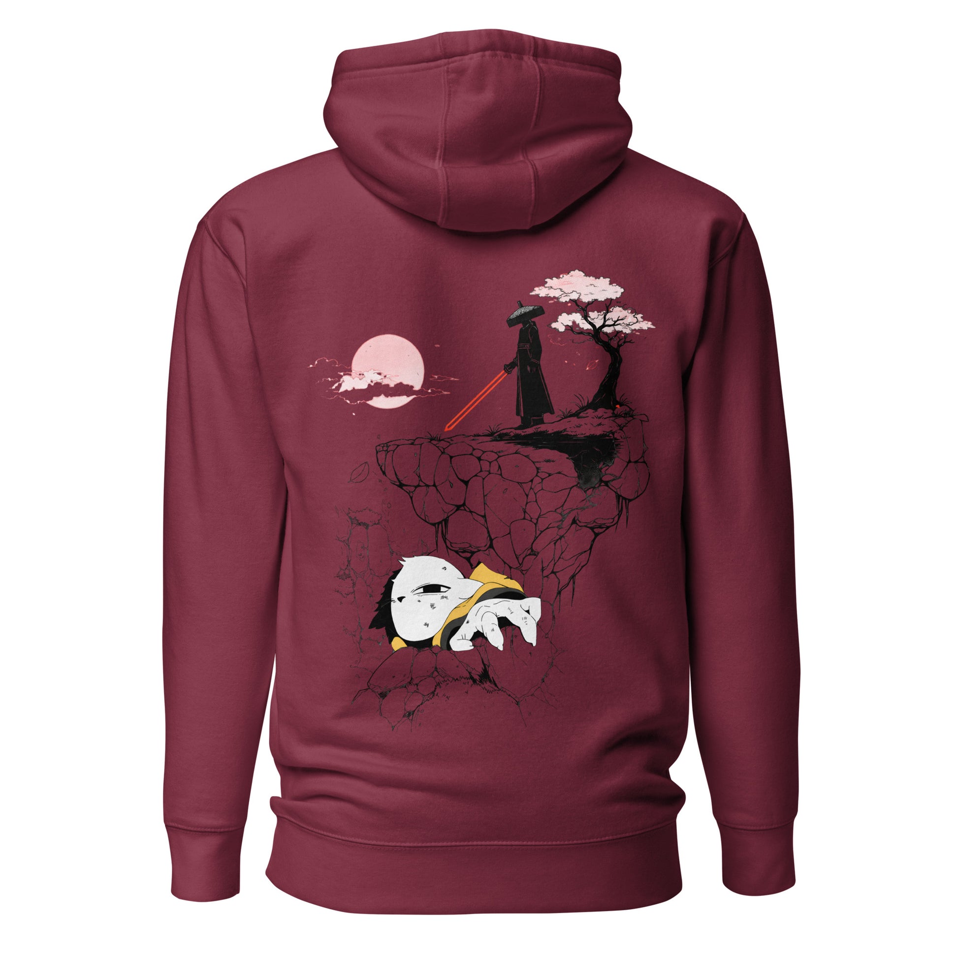 Back view of the Maroon Nine Sols Cliff Duel Hoodie Fallen Guardian Duel featuring a cliffside duel scene with guardian figure