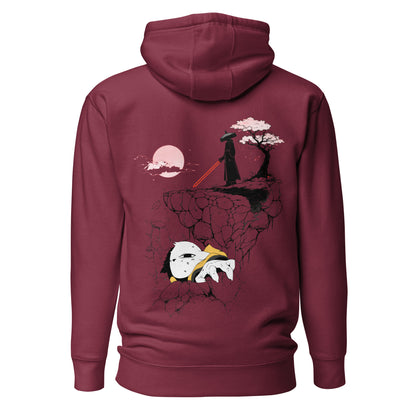 Back view of the Maroon Nine Sols Cliff Duel Hoodie Fallen Guardian Duel featuring a cliffside duel scene with guardian figure