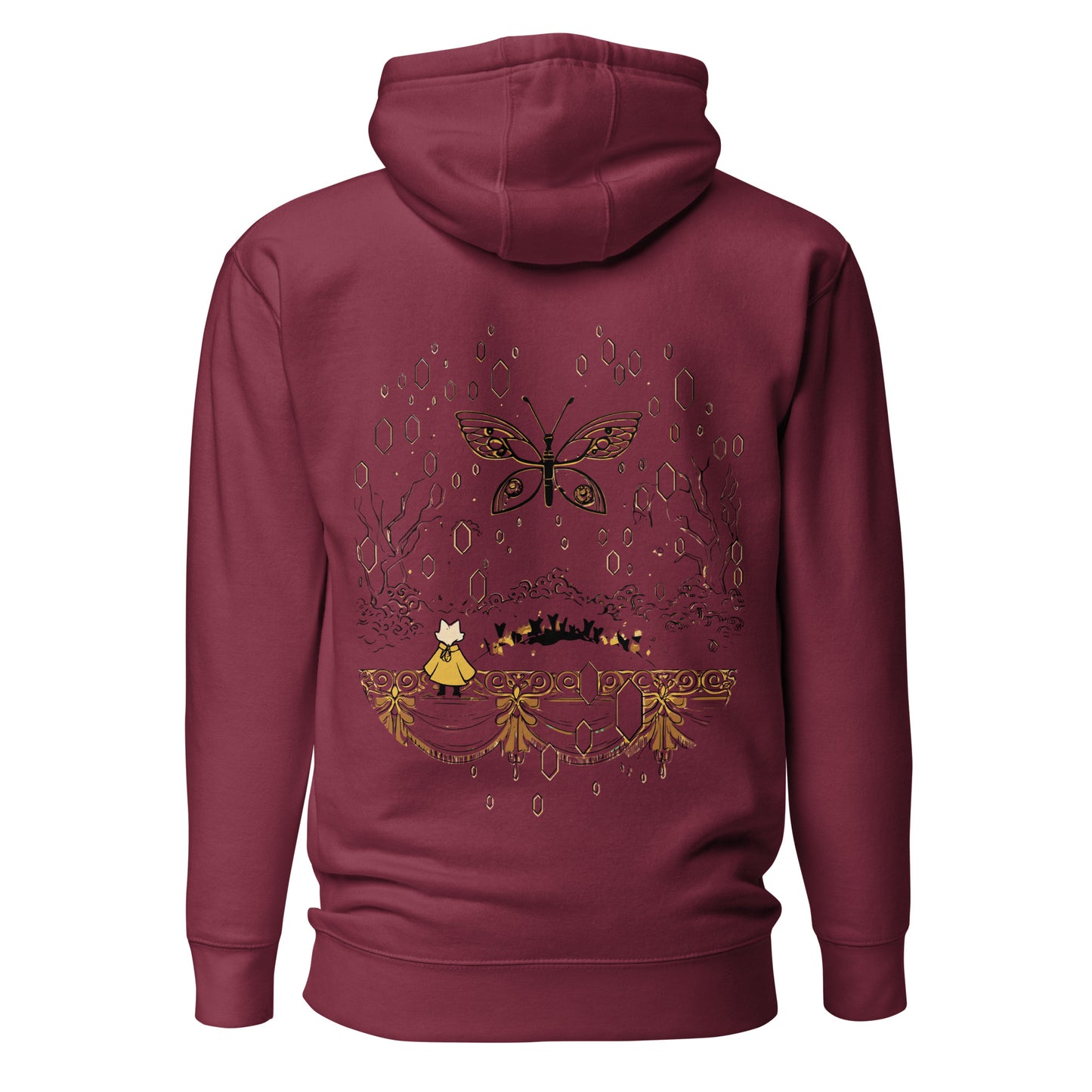 Back view of the Maroon Nine Sols Butterfly Hoodie Golden Echo Presence featuring a golden butterfly above an ornate shrine scene