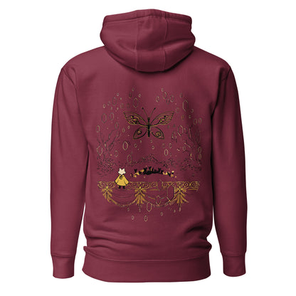 Back view of the Maroon Nine Sols Butterfly Hoodie Golden Echo Presence featuring a golden butterfly above an ornate shrine scene