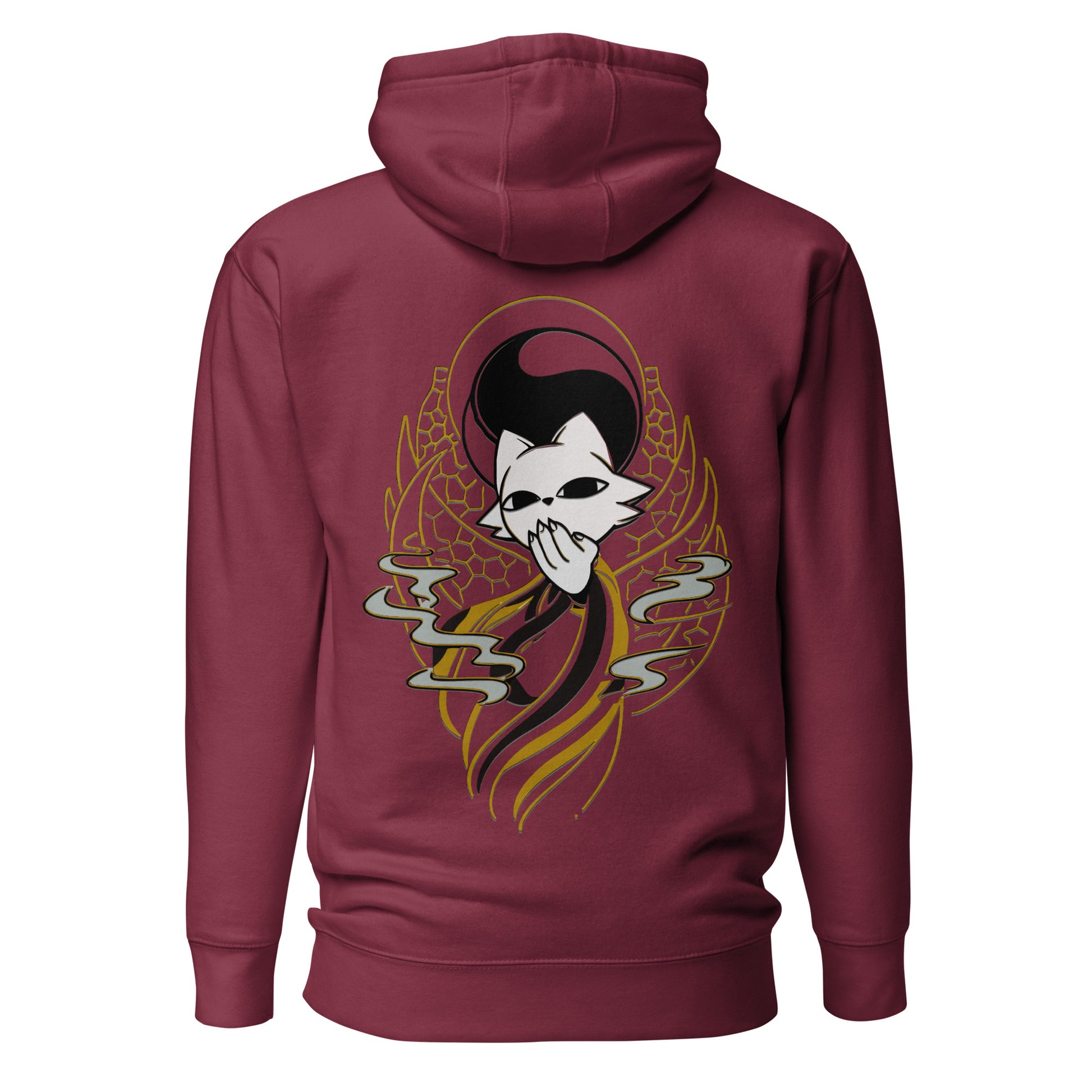 Back view of the maroon Nine Sols Balance Hoodie Yin Yang Presence featuring a yin yang skull graphic with golden line details