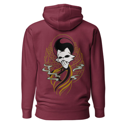 Back view of the maroon Nine Sols Balance Hoodie Yin Yang Presence featuring a yin yang skull graphic with golden line details