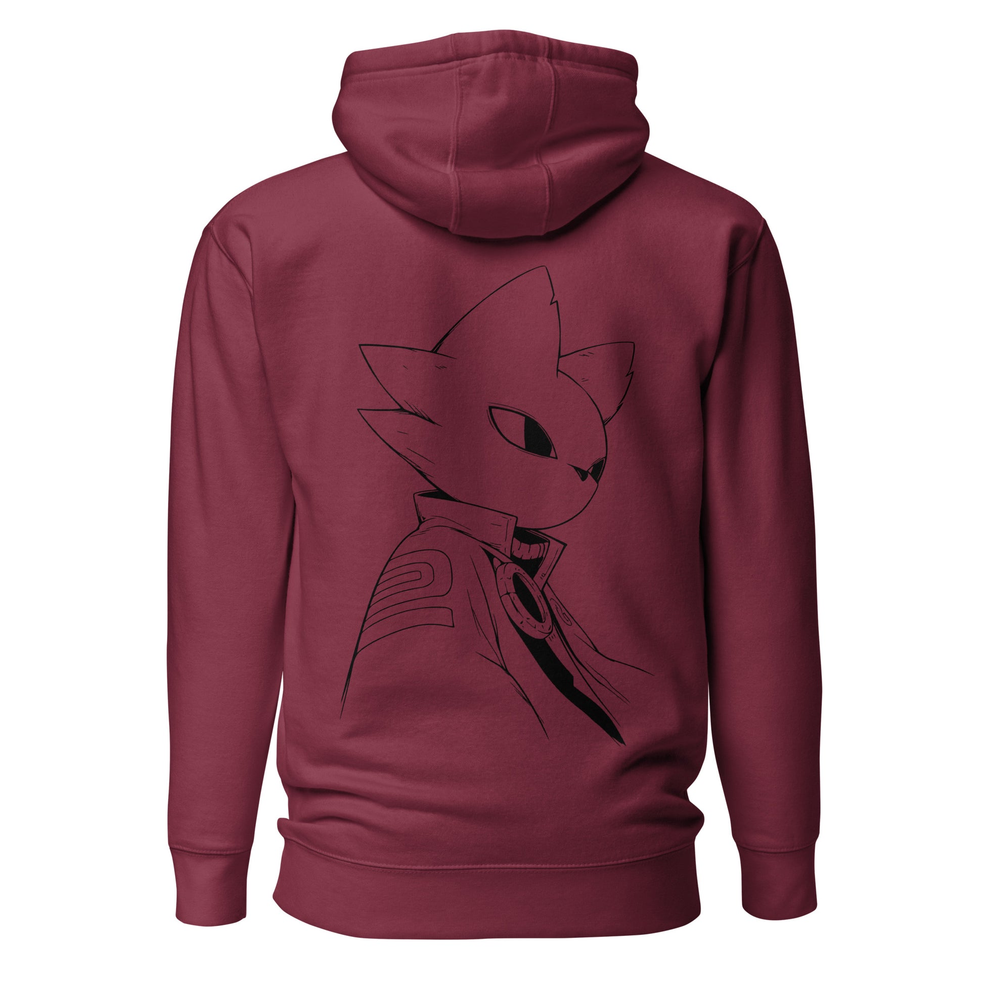 Back view of the maroon Nine Sols Silent Resolve Taopunk Portrait hoodie featuring a minimalist taopunk portrait in white line art