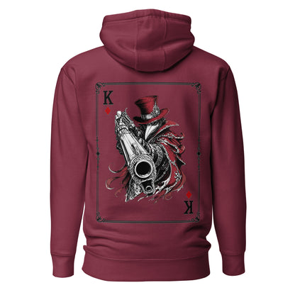 Back view of the Maroon Crowsworn King of Diamonds hoodie with crimson gambit card back graphic