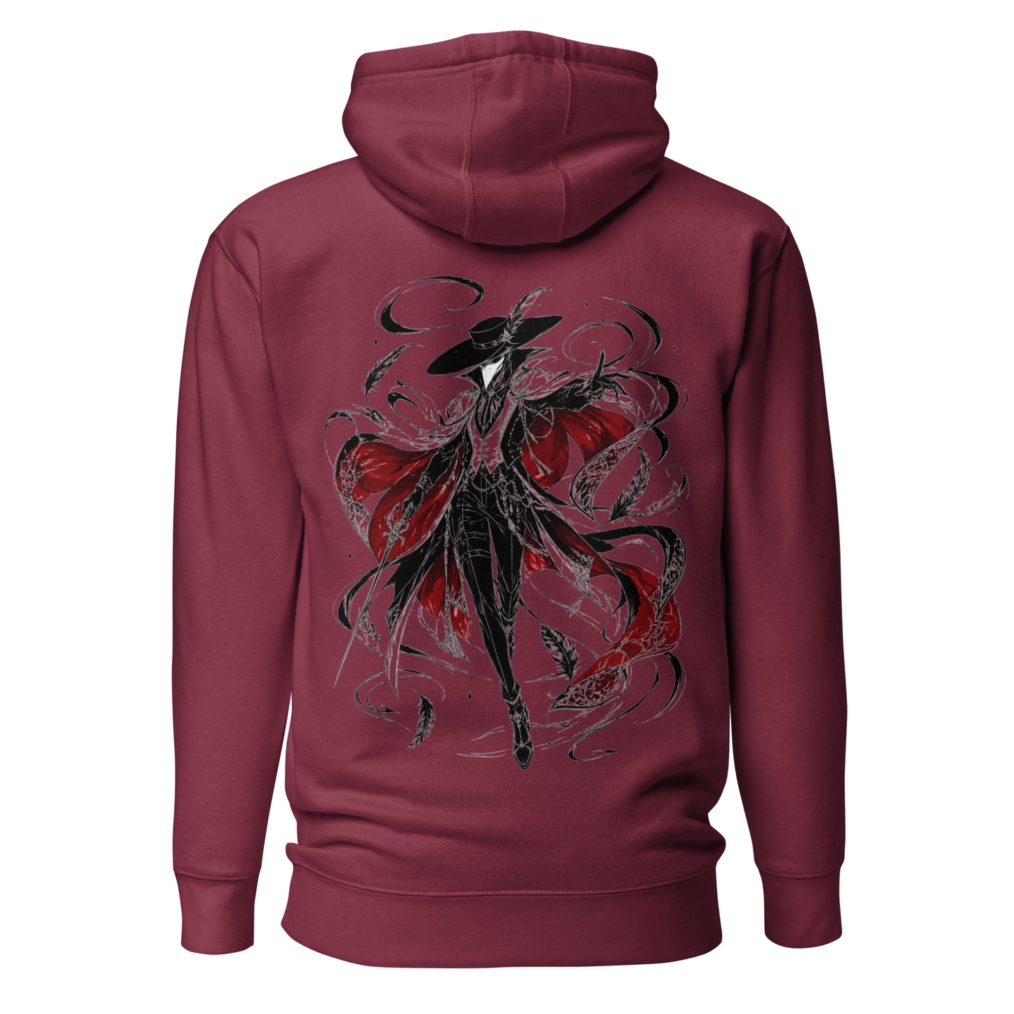Back view of the Maroon Crowsworn Crimson Wraith hoodie with gothic dark fantasy back graphic