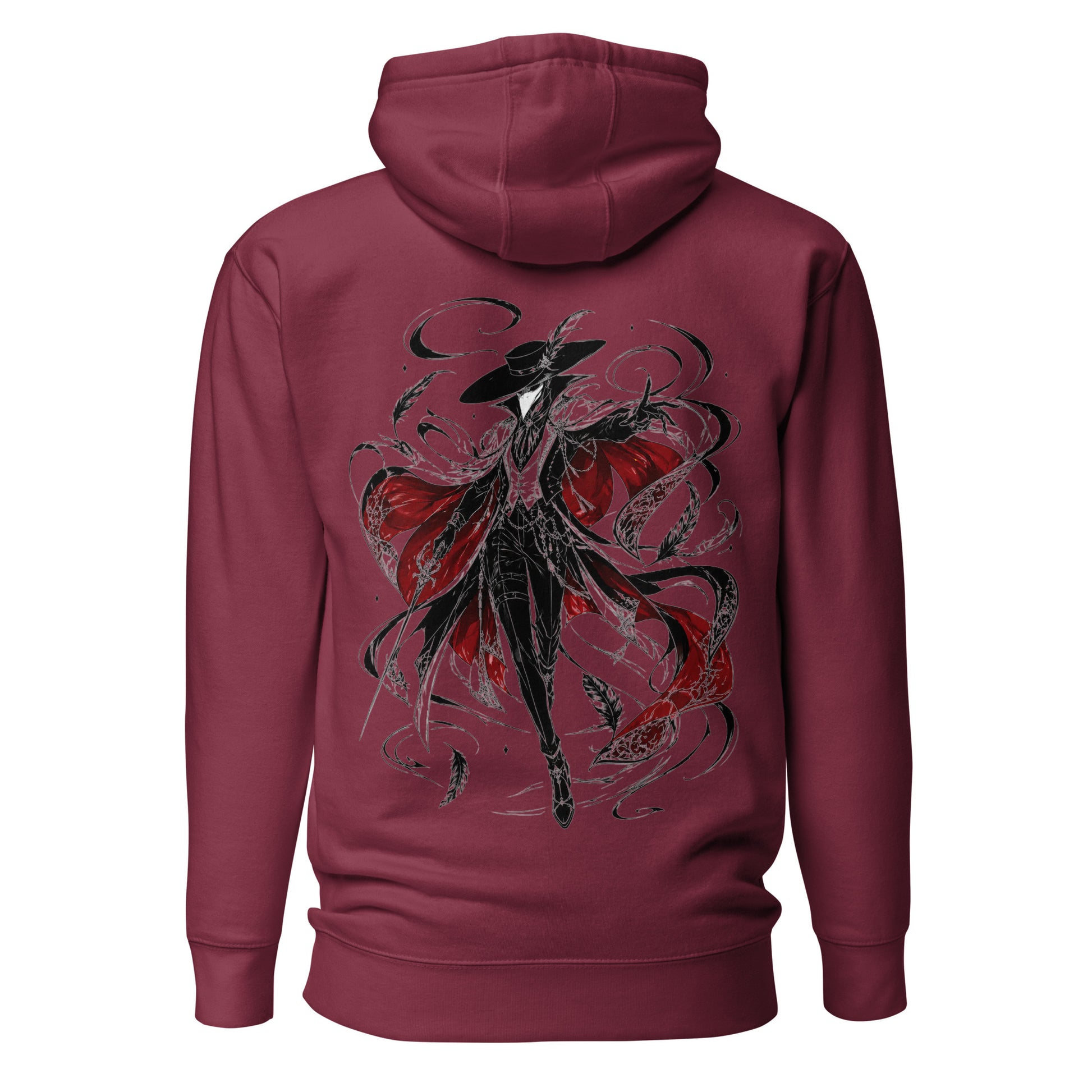 Back view of the Maroon Crowsworn Crimson Wraith hoodie with gothic dark fantasy back graphic
