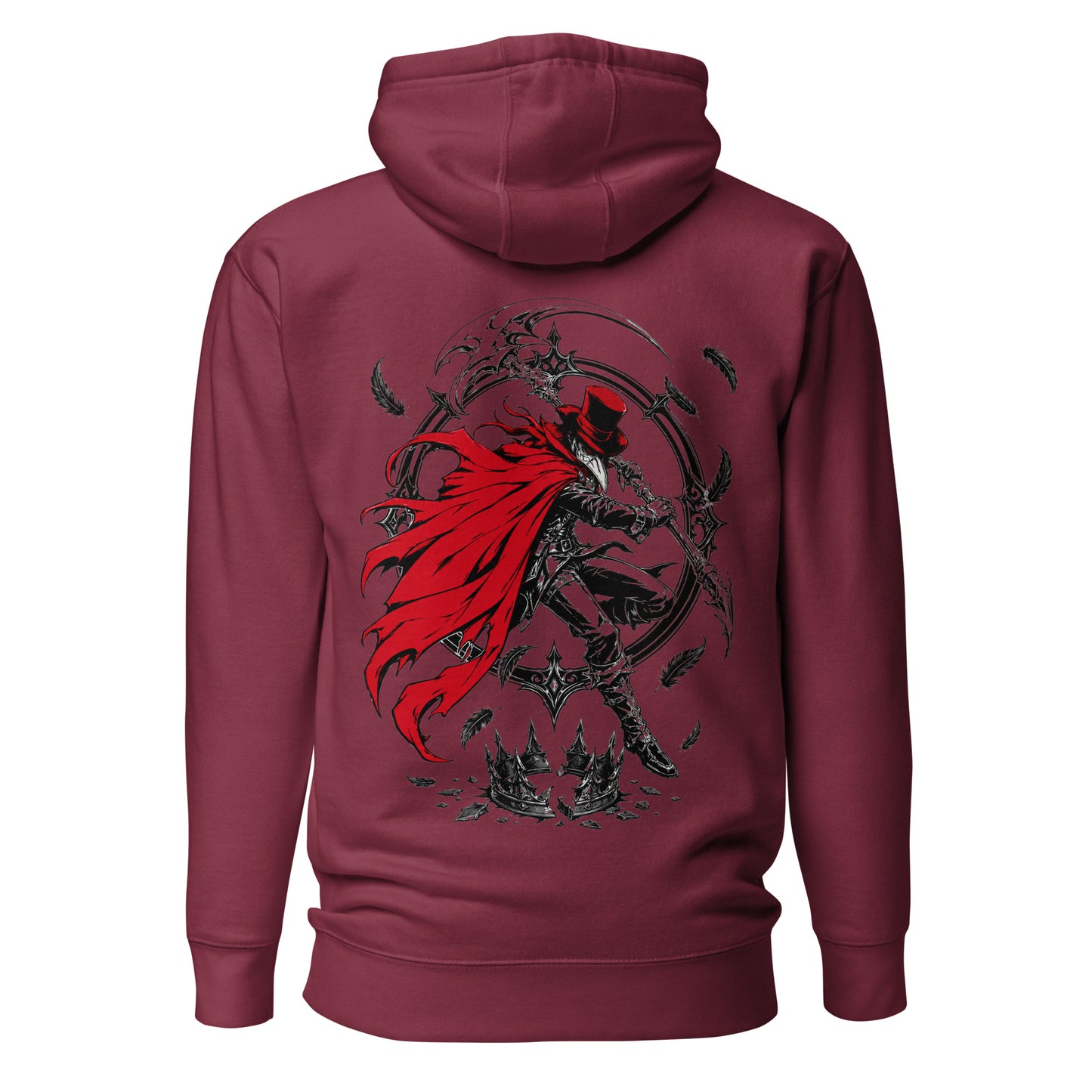 Back view of Crowsworn Crimson Scythe hoodie with dark fantasy graphic artwork