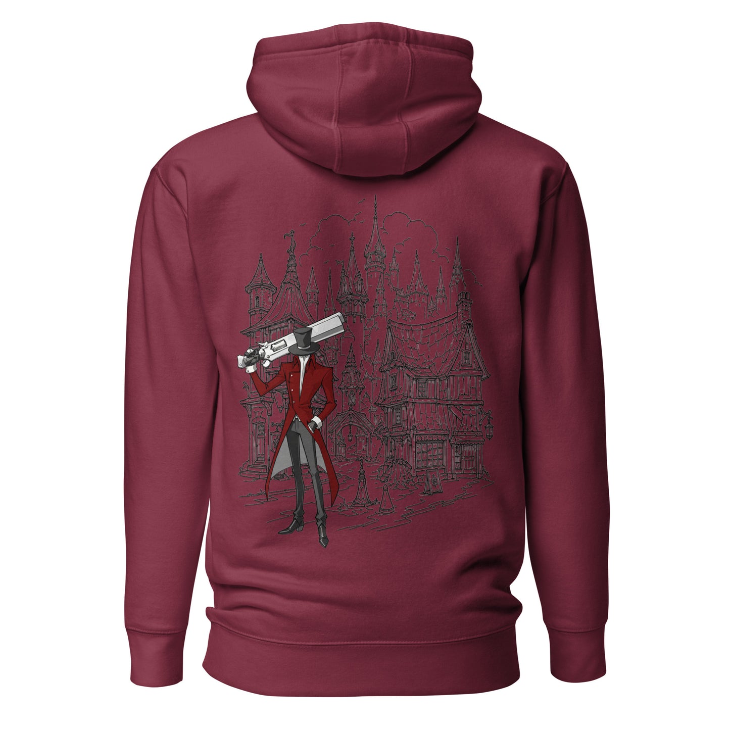 Back view of the Maroon Crowsworn Gothic Hunter hoodie with ruined kingdom graphic
