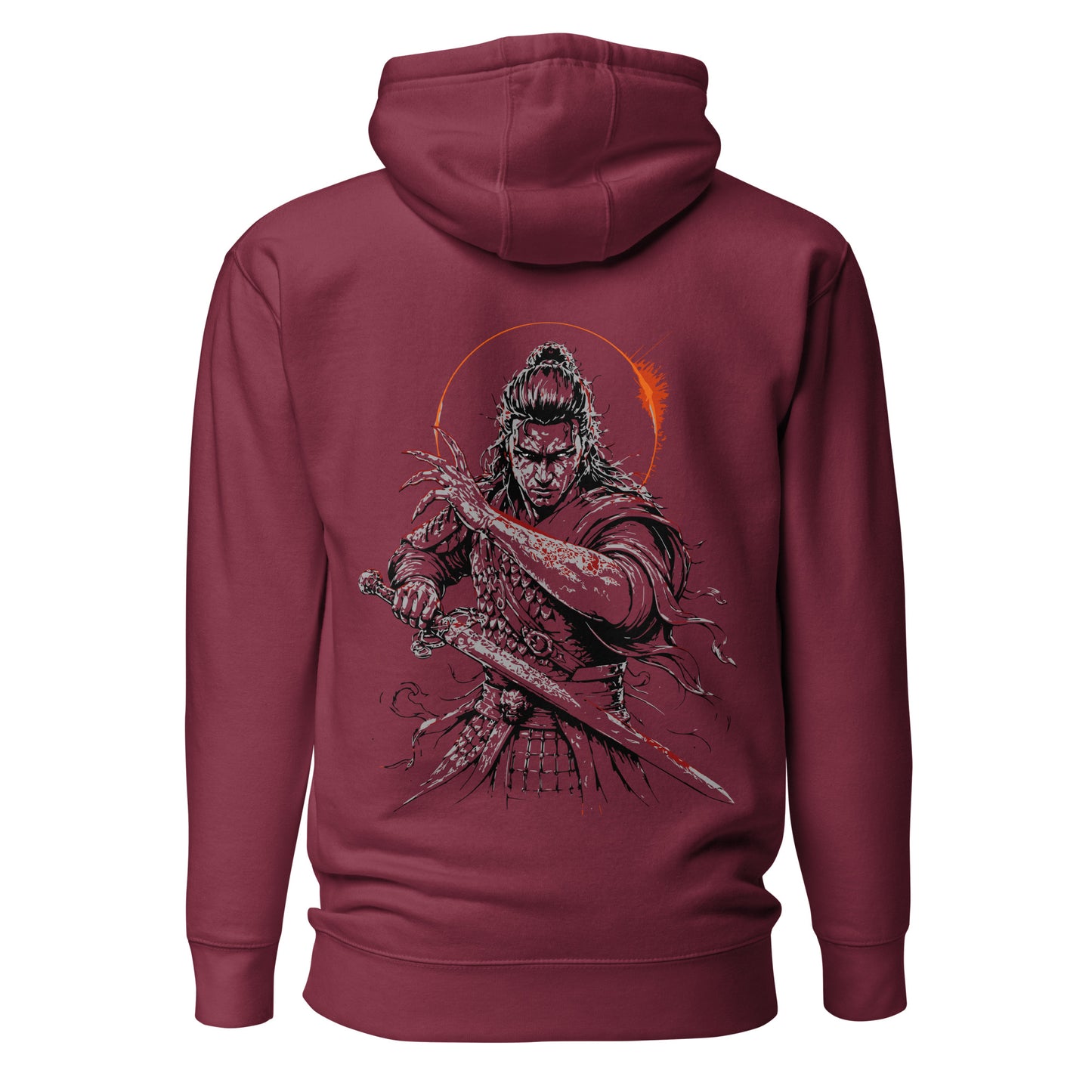 Back view of The Blood of Dawnwalker Coen Sword Hoodie featuring large Coen sword artwork across the back