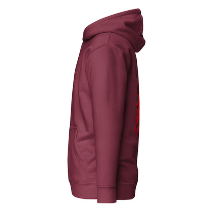 Left side view of Crowsworn Crimson Scythe hoodie showing relaxed streetwear fit