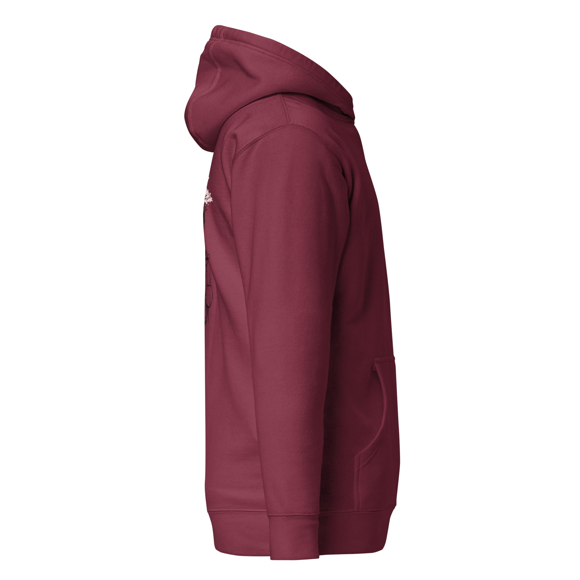 Right side view of the Maroon Nine Sols Cliff Duel Hoodie Fallen Guardian Duel showing sleeve structure and relaxed fit