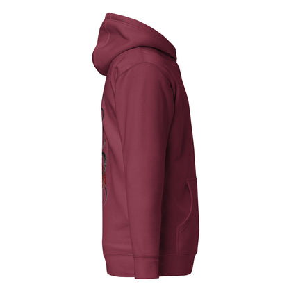Right side view of the Maroon Crowsworn Crimson Wraith hoodie with casual unisex silhouette