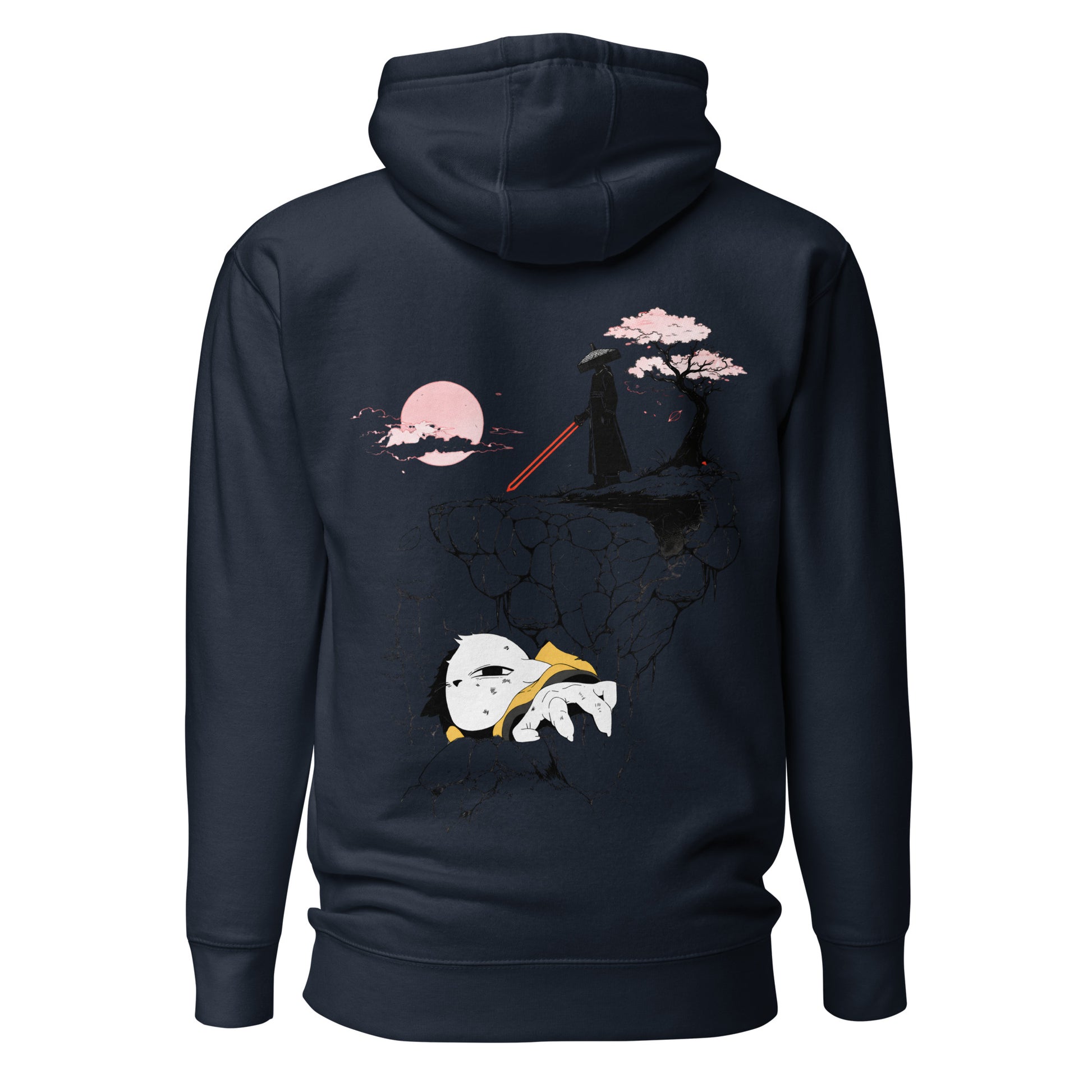 Back view of the Navy Nine Sols Cliff Duel Hoodie Fallen Guardian Duel featuring a cliffside duel scene with guardian figure