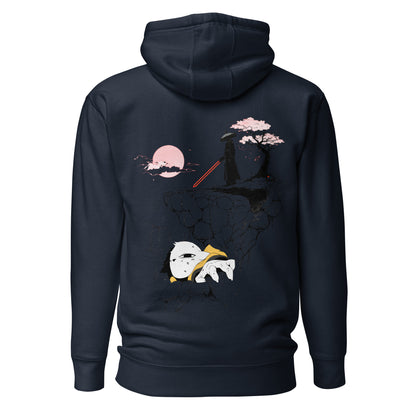 Back view of the Navy Nine Sols Cliff Duel Hoodie Fallen Guardian Duel featuring a cliffside duel scene with guardian figure