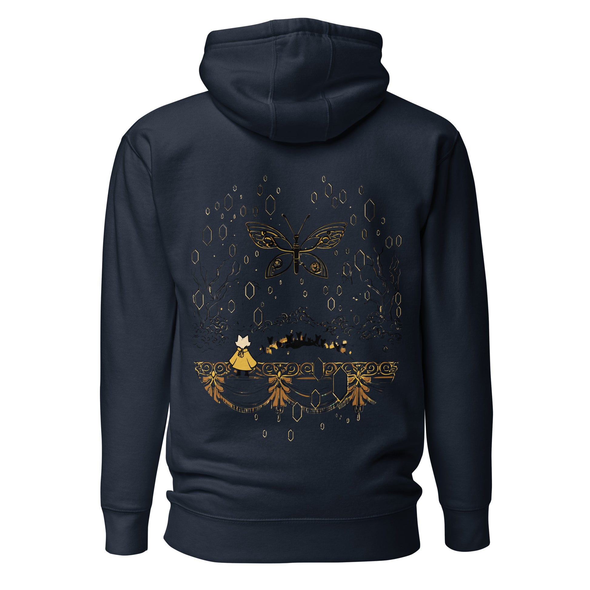 Back view of the Black Nine Sols Butterfly Hoodie Golden Echo Presence featuring a golden butterfly above an ornate shrine scene